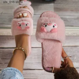 New Winter Band Decor Pig Strberry Women Single Slipper Soft Heel Platform Fur Warm Indoor Lady Open Toe Fluffy Home Slippers T230828 457 s