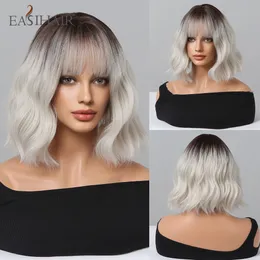 Cosplay Wigs EASIHAIR Light Platinum Blonde Short Wavy Synthetic Wigs with Bangs for Women Daily Party Ombre Lolita Bob Hairs Heat Resistant 230828