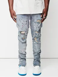 Mens Jeans Design Homens Homem Pintura Slim Fit Algodão Rasgado Denim Calças Joelho Oco Out Light Blue para Streetwear 230829