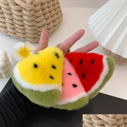 Keychains Lanyards Fluffy Keyring Female Bag Hang Pendant Key-Chains Car Watermelon Fruit-Bag Real Rex Fur Accessories Drop Delivery Dhkql