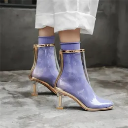 Boots sexy candy color socks clear PVC ankle boots women med heels rain shoes with multi sock fashion transparent bottines female 230829