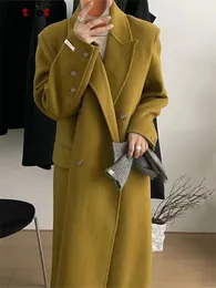 Kadın Yün Karışımları Cotvotee Yün Palto Kadınlar Moda Kış Paltosu Vintage Ofis Lady Kelime Çifte Dönüş Yatak Katı Uzun Ceket 230828
