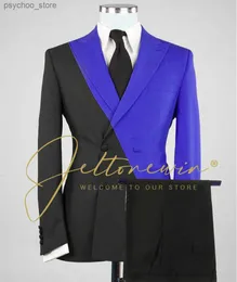 2022 Fashion podwójnie piersi Slim Fit Black Royal Blue Men Suit Formal 2 -Element Make Men Men Suit for Groom Wedding Tuxedo Q230829