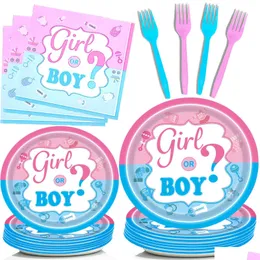 Engångsgodlare Baby Shower Plates Kön Reveal Napkins Boy or Girl Paper Birthday Party Supplies Set serverar 16 gäster för barn I DH9SU