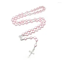 Pendant Necklaces Pink Heart Rosary Necklace Plastic Imitation Pearl Cross Catholic Jewelry For Women