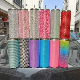 20oz glitter diamante copo copo strass garrafa de água aço inoxidável vácuo isolado copos com tampas canudos novo