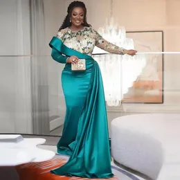 Africa Teal Plus Size Abiti per la madre della sposa Maniche lunghe Pieghe applicate Sirena Abito per la madre per matrimoni Eleganti abiti da ballo formali