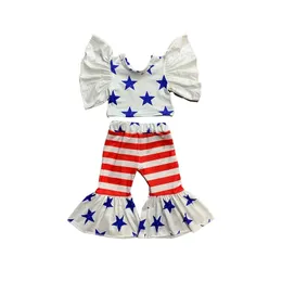 Clothing Sets Fashion Baby Girl Clothes Set July 4th Flying Sleeves Round Neck Printed Top Bell Bottom Pants 230828