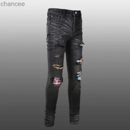 Весенние лоскутные джинсы Black S 2023 Skinny Hole Men Men Hip Hop Ruped Color Brand Jeans Jeans Bants Брюки HKD230829