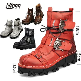 Boots Mens Genuine Leather Motorcycle Thick Bottom Buckle Riding Winter Military Goth Skull Punk Midcalf Cowboy 50 230829