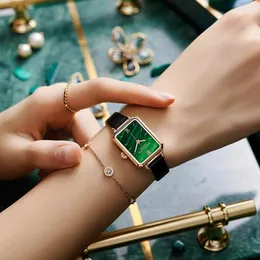 ساعة Wristwatches Fashion Wlistth Top Brand Women Square Ladies Squartz Set Green Dial Simple Rose Gold Mesh and Leather Laxury Watches