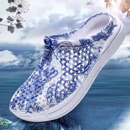 Slippers GAOKE 2023 Summer Women Beach Blue And White Print Breathable Mesh Shoes For Flip Flop Massage Plus Size 41