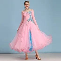 Сценическая одежда розового контрастного цвета с открытыми плечами, бальное платье для соревнований, танцевальное платье для вальса, танцевальная одежда, костюмы для румбы, сцена