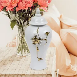 Lagringsflaskor keramisk vas porslin ingefära burk med 3D blommig traditionell dekorationslock