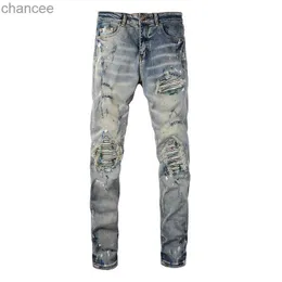 Jeans masculinos angustiados slim fit streetwear graffiti jeans com pintura em spray costelas remendos jeans elásticos HKD230829