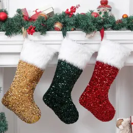 Glitter Christmas Stocking Gold Sequin Blingbling White Velvet Cuff Christmas Stocking Xmas Tree Decor Festival Party Ornament dhl