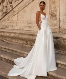 Elegant Long Satin V-Neck Wedding Dresses With Pockets A-Line Ivory Spaghetti Straps Sweep Train Bridal Gowns With Bow Vestido de novia Women Dresses