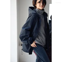 Damenjacken MICOCO W1121C Koreanische Version Neutraler Werkzeugstil Lose Patchwork Farbe Große Taschendesign Kapuze Reißverschlussmantel für Frauen Herbst