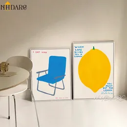 Målningar enkla nordiska affischer orange citron blå stol duk tryck målning vägg bild konst sovrum vardagsrum interiör hem dekoration 230828