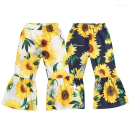 Byxor 2023 Summer Girls Pants Cotton Sunflower Children's Fleared Spring Baby Girl Floral Print Kids Boot Cut