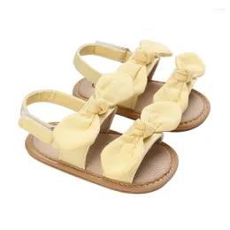 Сандалии для маленьких девочек, парусиновая гибкая нескользящая летняя повседневная обувь с бантом на плоской подошве для малышей