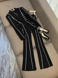 2023 Autumn Black Hollow Out Rhinestone Two Piece Pants Set Long Sleeve Notched-Lapel Single-knapp Blazers Flare Pants Suits Set Two Piece Suits O3G142295