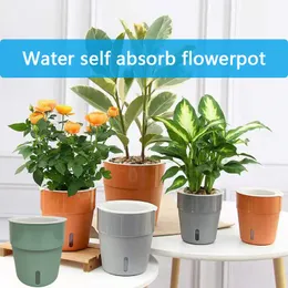 Planters POTS Double Layer Self Watering Plastic Flowerpot Water Auto Absorption Planter Färgglada kruka Desktop Plants Holder 230829