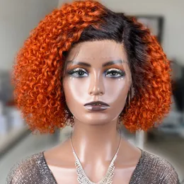 Orange Brown Deep Curly Bob Lace Front Wig Human Hair Wig with Baby Hair Short 220%density Curly Bob Wig Glueless Lace Wigs for Women