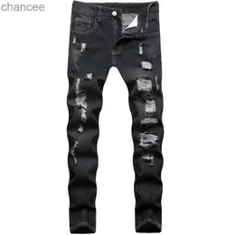 Pantaloni in denim strappati con buco slim fit da uomo di alta qualità, stile mendicante, jeans neri, moda di strada, graffi, pantaloni jeans casual sexy; HKD230829