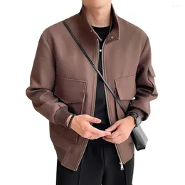 Herrjackor Autumn Stand Collar 3D Pocket Jacka Korean Streetwear Fashion Loose Causal Vintage Liten last Male Coat Ytterkläder