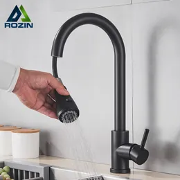 Kökskranar Rozin Black Faucet Enkel hål Dra ut Spout Sink Mixer Tap Stream Sprayer Head ChromeBlack 230829