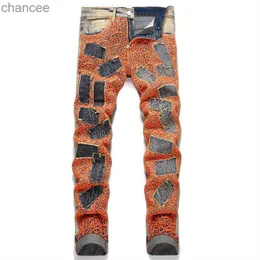 Summer Street Orange Spider Web Modne dżinsy Zastosowane Cloth Mid-Pistm Slim Pencil Pants Hip Hop Ubranie HKD230829