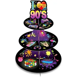 その他のお祝いのパーティー用品90年代段ボールカップケーキスタンドホルダータワー3ティアラウンドデザート12-18カップケーキ用トレイをサービングトレイP DHYY1