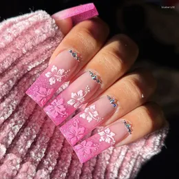 False Nails 24st Pink Gradient Flower Long Coffin With Rhinestones French Wearable Fake Full Cover Press på tips