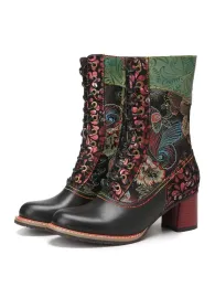 SOCOFY Women Retro Style Floral Cloth Stitching Comfy Round Toe Leather Warm Wearable Chunky Heel Side Zipper Short Boots Box