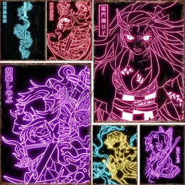 Metallmålning Neoneffekt Japan Anime Demon Slayer Tin Metal Sign målning Tanjiro Nezuko Karaktärsaffischer Väggkonsttryck för rumsdekor x0829