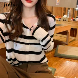 Womens Knits Tees Jielur Outono Suéter Curto Coreano Spell Cor Preto Damasco Listrado Feminino Cardigan Chic Slim Manga Longa Malhas 230828