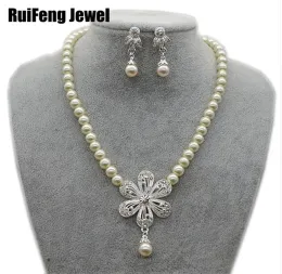 Ivory Glass Pearl Flower Bridal Necklace and Stud Earrings Jewelry Set