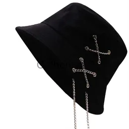 Stingy Brim Chapéus Único Algodão Bucket Chapéu Cross Chain Pescador Chapéu Unisex Hip Hop Cap Gross Panamá Outdoor Soild Color Sun Hat para Mulheres Homens J230829