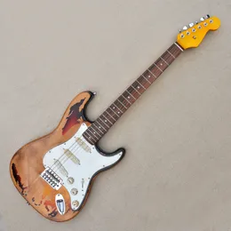 6 Strings Tobacco Sunburst Heavy Relic Electric Guitar with White Pickguard Rosewood Fretboard SSS Pickups Customizable