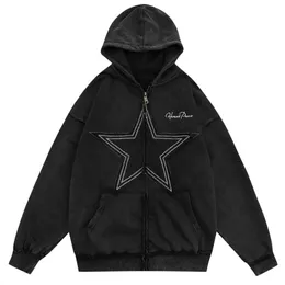 European and American trendy street cardigan with five pointed star patch embroidered hoodie for men's loose zippered pocket jacket