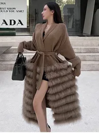Womens Fur Faux Women Oversize Loose Spring Strip Sweed Over Out Real Knitting Decoration Ladys Long Sweater Coat 230828