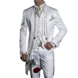 Men s Suits Blazers 2023 broderi brudgummen tuxedos vit brudgum en knapp formell bröllop set jacka byxor väst tre stycken kostym 230828
