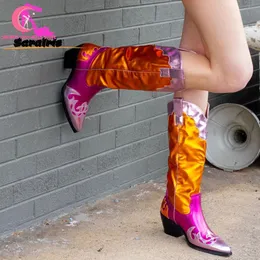 Boots Metallic Colorblock Leather Womens Fashion مدببة إصبع القدمين الكعب السميك منتصف العجل في فصل الشتاء 230829