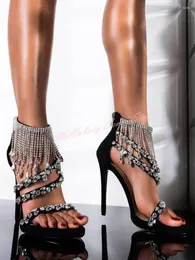 Sandali con frange di strass, punta aperta, tacchi a spillo in cristallo, scarpe estive sexy da donna, cerniera di design per feste casual