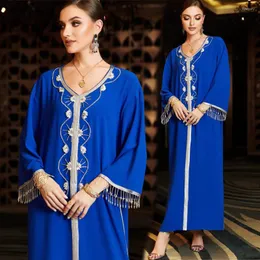 Ethnic Clothing Muslim Blue Hand Stitched Diamond Stitching A-line Dress Elegant Temperament Abaya Court Style