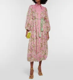 Vestido de grife australiano vestido midi de seda com manga lanterna e estampa floral