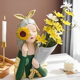 Vase Nordic Moden Girl Resin Bouquet Statue Exquisite Flower Vase Table Decor彫刻ホームリビングルームデスク置物装飾230829