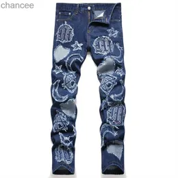 Jesienne męskie klasyczne klasyczne dżinsy średnie pucha szczupłe haftowane dżinsowe spodnie ołówkowe Hip Hop Torn Fashion Clothing HKD230829