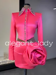 Fuchsia Hot Pink Two Pieces Short Prom Birthday Dresses Long Sleeve Crystal Rose Flower Homecoming Cocktail Gown